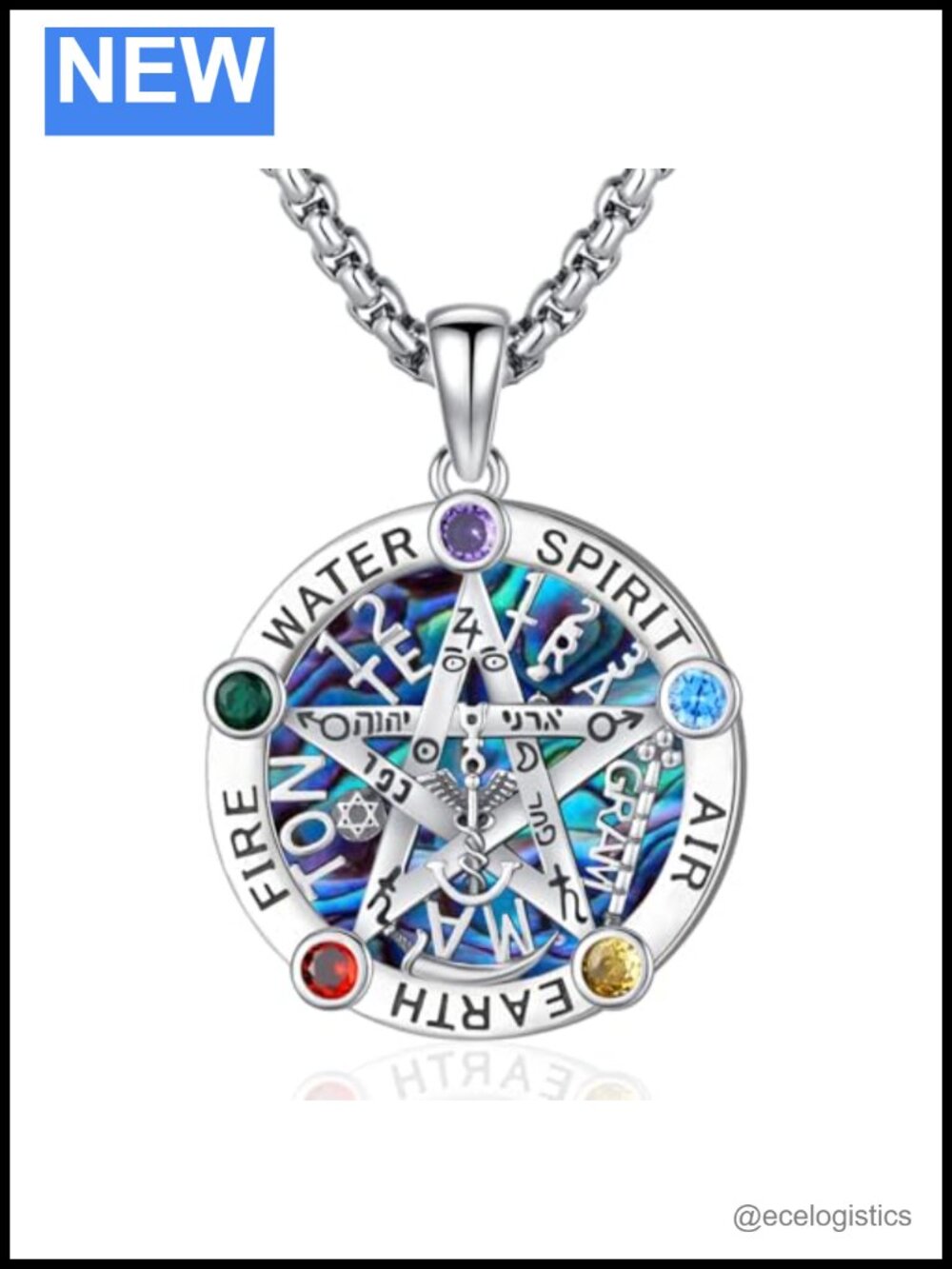 Tetragrammaton Pentagram Pendant Necklace 925 Sterling Silver Abalone Crystal